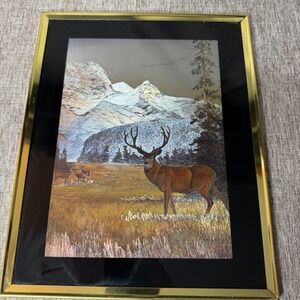 Vintage Foil Art Stag Deer Mountain Meadow Gold Frame Black Mat Made in USA 8x10